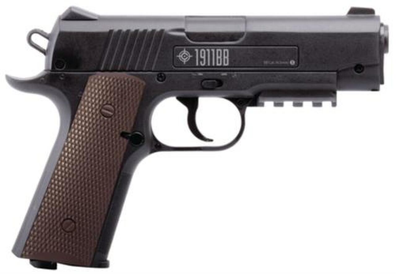 Image of Crosman Air Guns 1911BB CO2 Powered Semi-Auto Pistol 4.5mm/BB Caliber Fixed Front Sight Fixed Notch Rear Sight Black Frame with Brown Grips