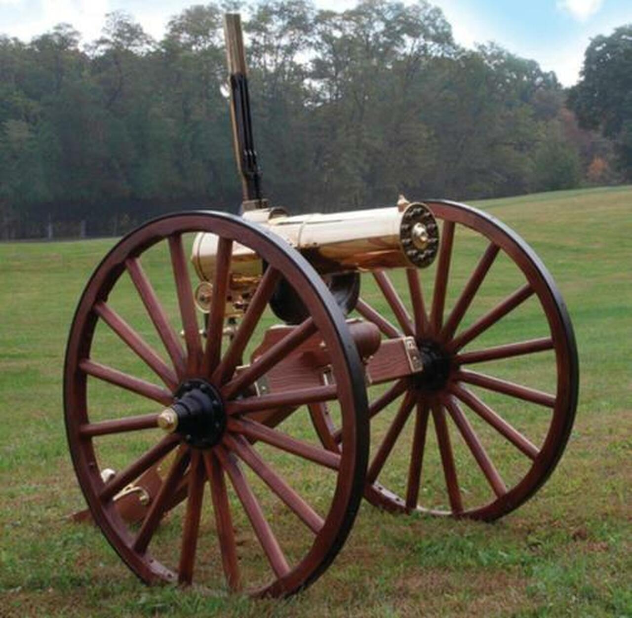 Image of Colt 1877 Bulldog Gatling Gun Carriage 45-70 Government Caliber 10 Brass Encased Direct Drive Barrels Walnut Carriage