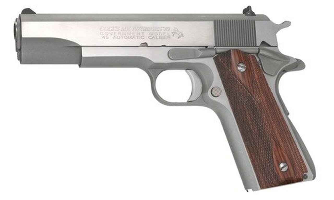 Image of Colt Series 70 Govt 1911 45 ACP 5" Barrel, Double Diamond Rosewood Grip Brushed SS, 7rd