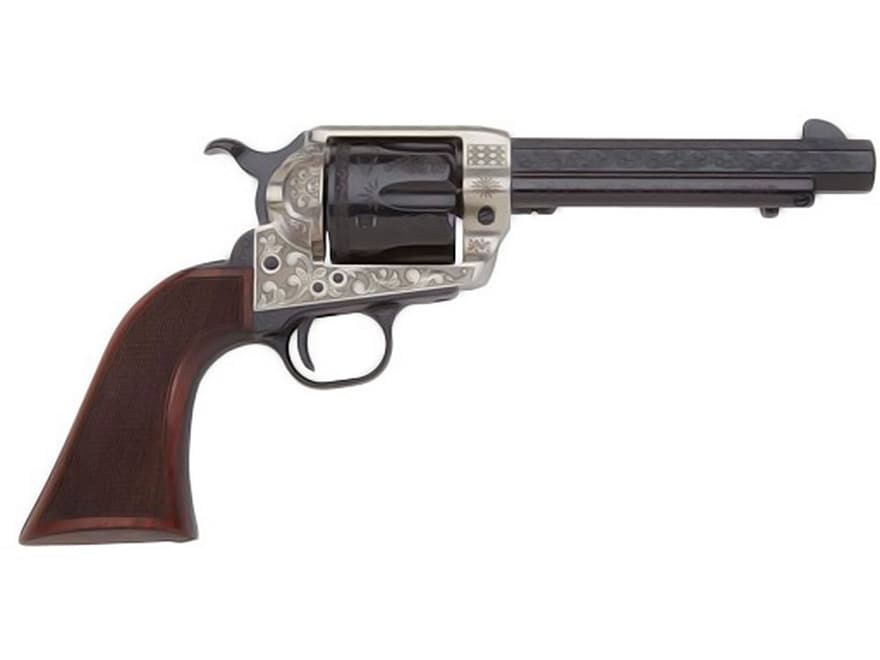 Image of EMF Company DLX Alchimista III Pistol 45 Colt (Long Colt) 5.5" Engraved Octagon Barrel, 6-Round Silver Engraved, Blue, Checkered Walnut Grip
