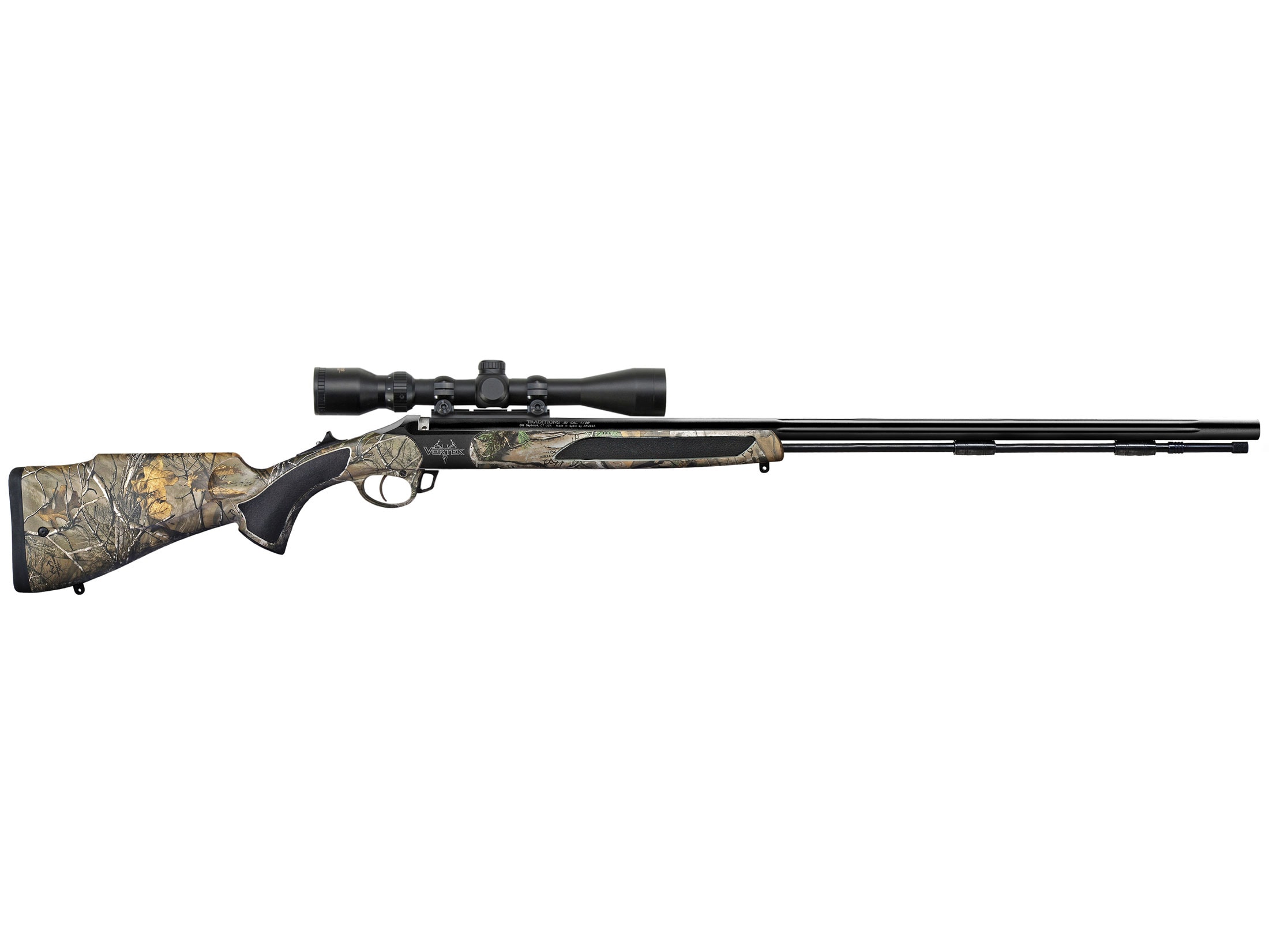 Image of Traditions Vortek StrikerFire LDR Muzzleloading Rifle with 3-9x40mm Scope 50 Caliber 30" Fluted Nitride Barrel Synthetic Stock Realtree Xtra