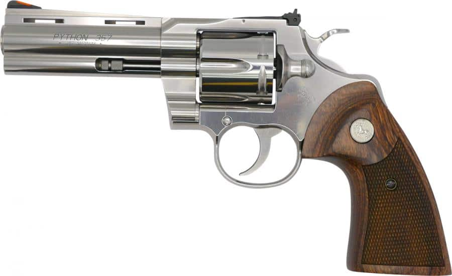 Image of Colt Python 357 Magnum, 4.25" Barrel, Stainless Finish & Frame, Walnut Grips Red Ramp Front/Adjustable Rear 6rd