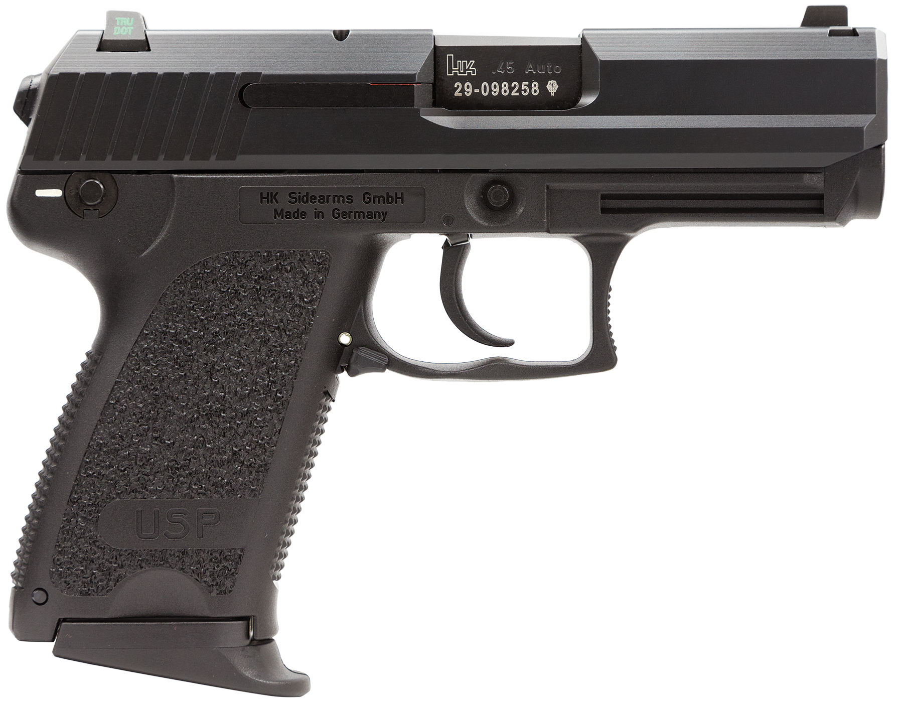 Image of HK USP45 Compact (V1) DA/SA, safety/decocking lever on left, three 8rd magazines and night sights
