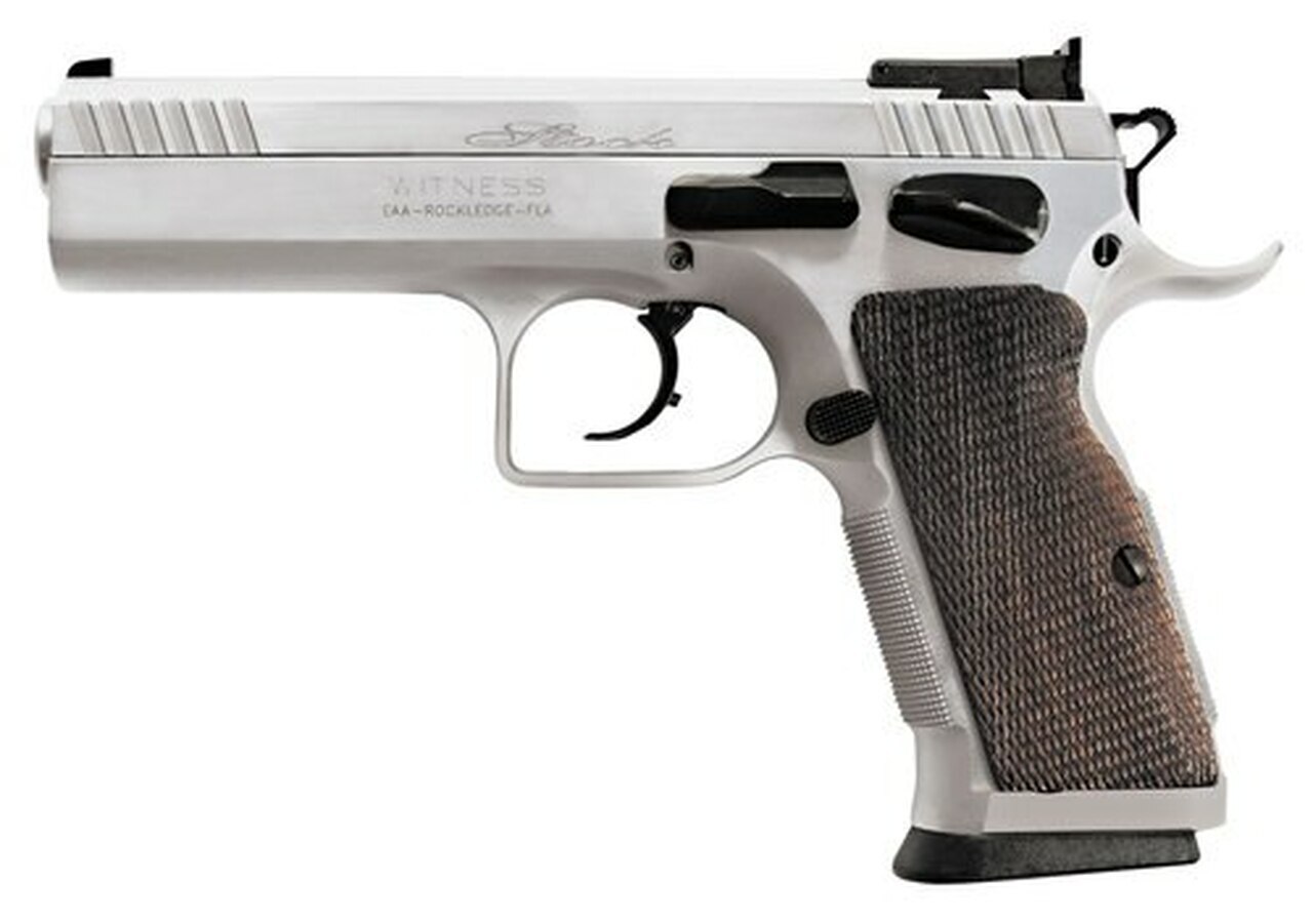 Image of EAA Witness Elite Stock 2, .38 Super, 4.5" Barrel, 17rd, Checkered Walnut Grip, Chrome Competition