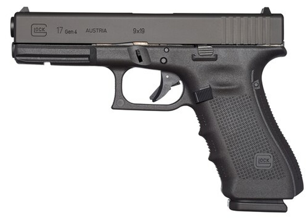 Image of Glock 17 Gen4, Striker Fired, Full Size, 9mm, 4.49" Barrel, Polymer Frame, Matte Finish, Fixed Sights, 10Rd, 3 Magazines