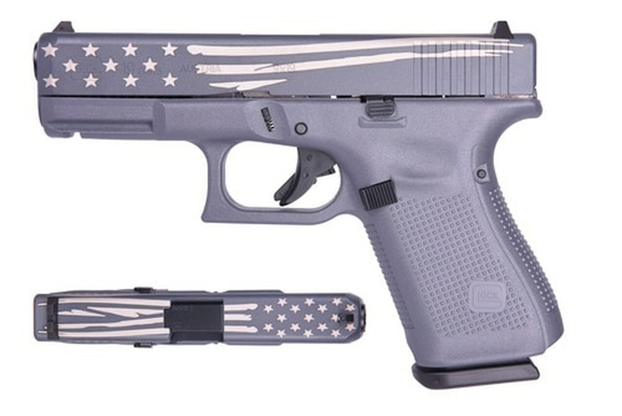 Image of Glock 19 Gen5 9mm, 4" Barrel, Gray/Laser Engraved Distressed Flag, 15rd