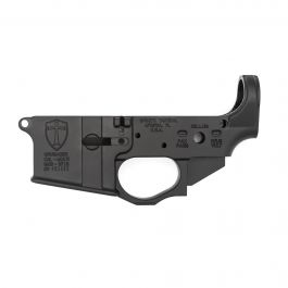Image of Spikes Tactical Multi-Caliber Crusader Logo Stripped Lower Receiver, Hardcoat Anodized Black - STLS022