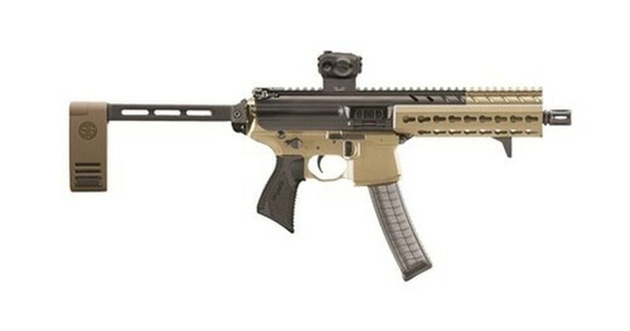 Image of Sig MPX AR-15 Pistol, SIG Red Dot Sight 9mm 8" Barrel KeyMod Rail, Flat Dark Earth, Pivoting Brace 30rd Mag