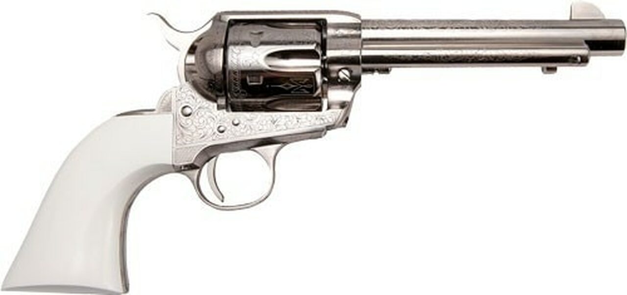 Image of Cimarron S.A.A. Frontier Engraved .45 Long Colt5.5.5" Barrel Nickel Finish, Ivory Type Grips 6 Round