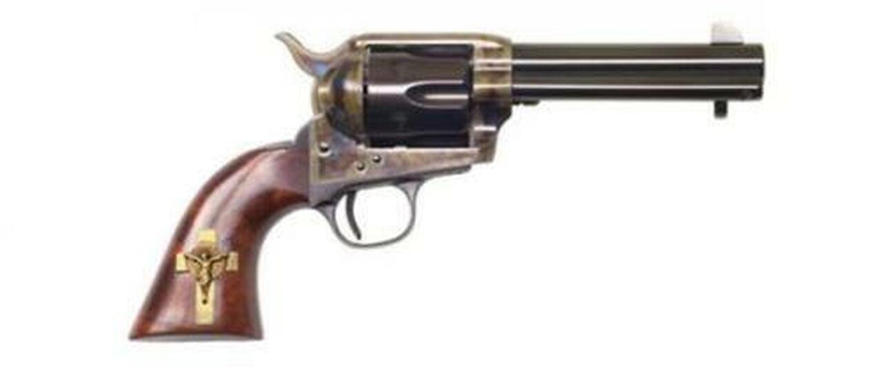 Image of Cimarron Holy Smoker .45 Long Colt 4.75" Sterling Silver Gold Plated Cross Inlaid on Right Side of Grip Blue