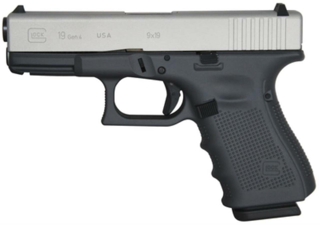 Image of Glock G19 Gen4, 9mm, 4", Battleship Gray/Stainless Gray Slide FS, 15rd, USA Made