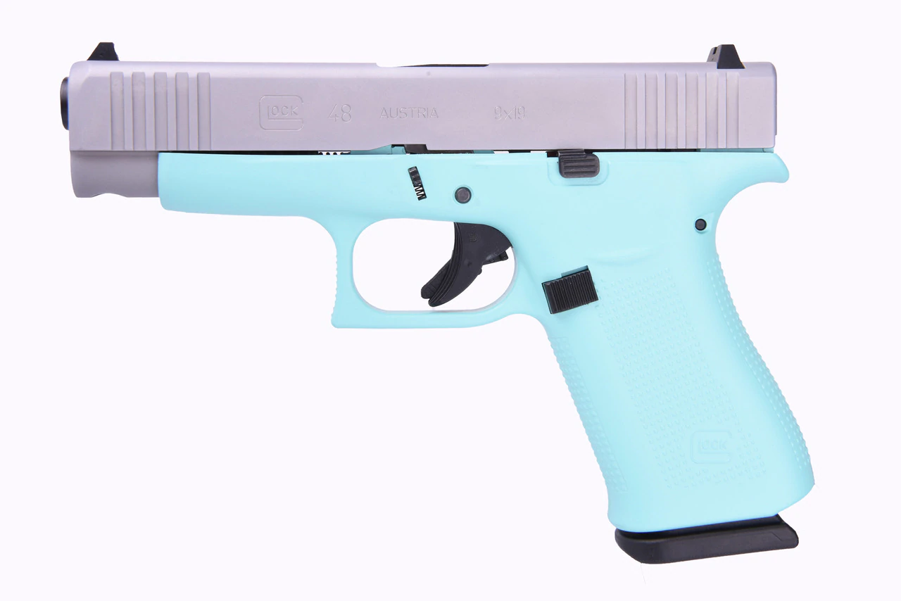 Image of Glock 48 9mm, 4" Barrel, Fixed Sights, Robin Egg Blue, Silver nPVD Slide, 2x 10rd