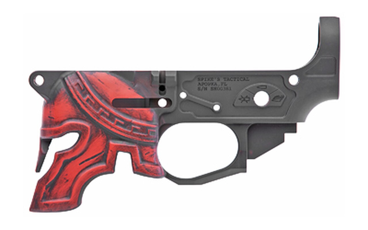 Image of Spikes Rare Breed Spartan Stripped Lower, Multi-Cal, Black, Painted Red Helmet