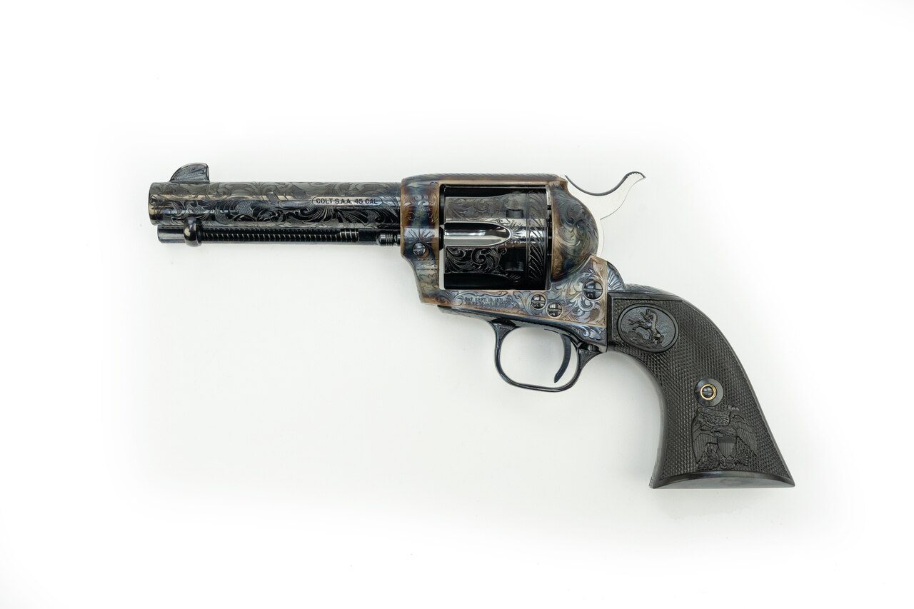 Image of Colt Single Action Army 45 Colt/45 ACP Two Cylinder, Custom Shop, 4.75" Barrel, Blued, Engraved "D" Level, Color Case Hardened, Black Double Eagle Grip, 6rd