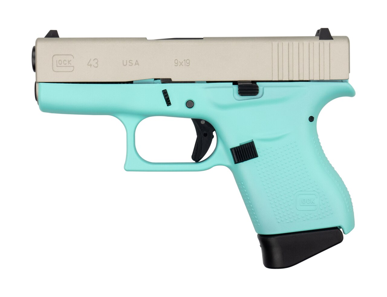 Image of Glock G43 9mm, 3.41" Barrel, 6rd, Aluminum Cerakoted Slide, Robins Egg Blue Frame