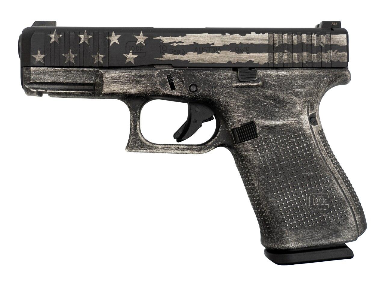 Image of Glock 19 Gen5 AUS 9mm, 4" Barrel, Glock Night Sights, Brushed Silver/Black Flag, 15rd