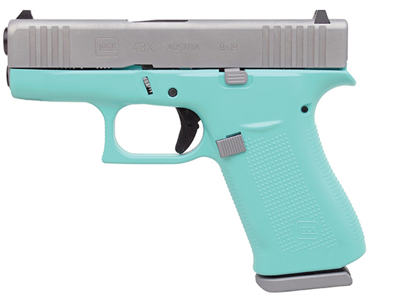 Image of Glock 43X Subcompact 9mm, 3.41" Barrel, Silver/Robin Egg Blue, Fixed Sights, 2x10rd Mags