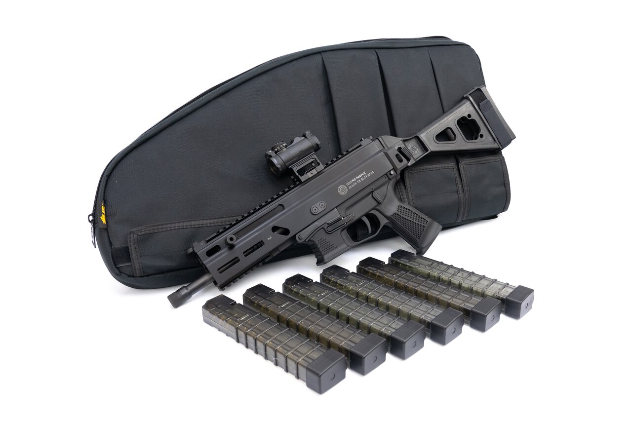 Image of Grand Power Stribog Peace Keeper Package, SP9A1 Gen2, 9mm, 8" Barrel, Sig Romeo-MSR, Folding SB Tactical Brace, Black, 6 x 30rd Magazines, US Peace Keeper SMG/SBR Case