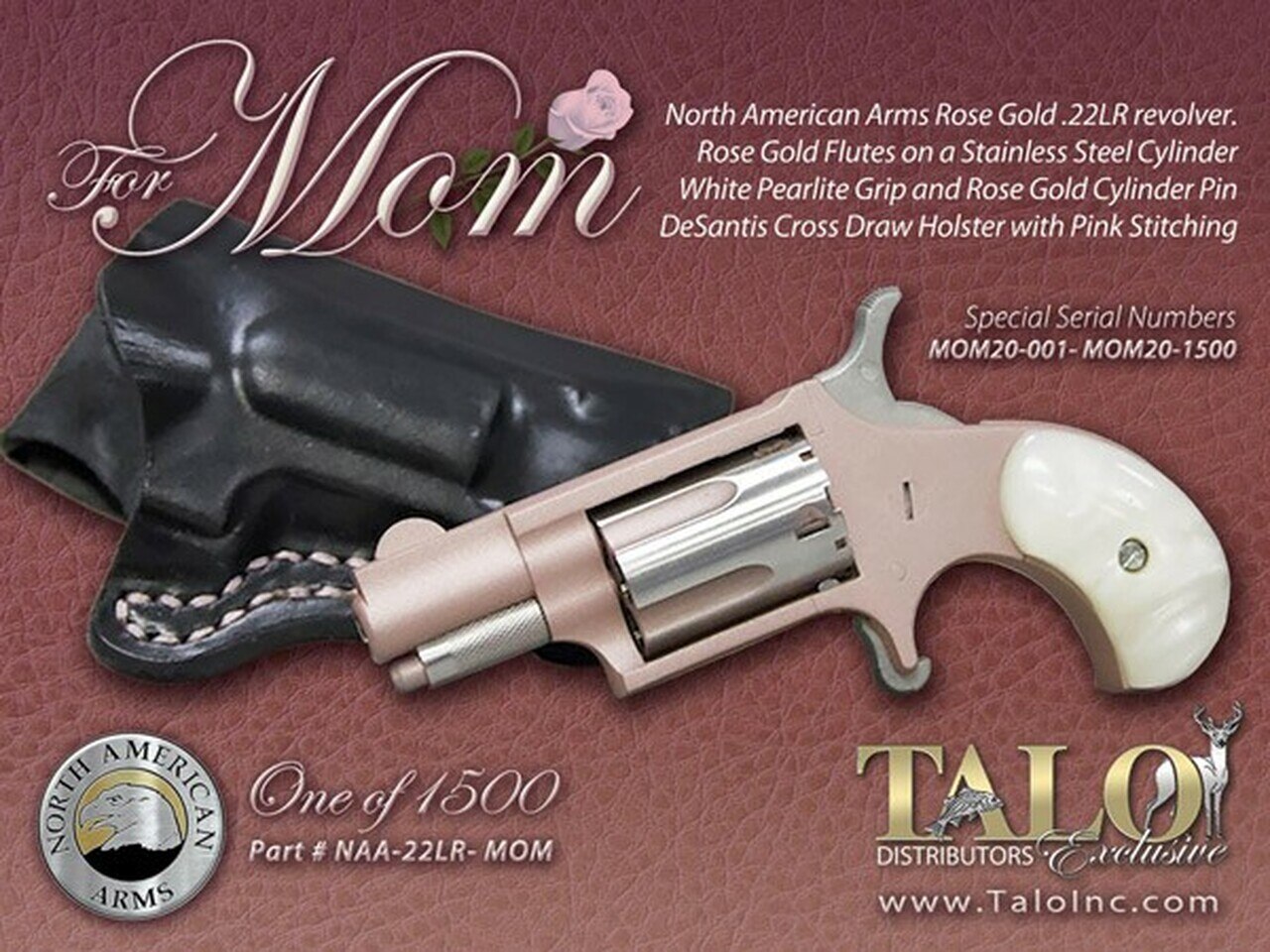 Image of North American Arms MOM Mini Revolver 22LR 1/1/8" Barrel Rose Gold, White Pearl Grips, With Holster