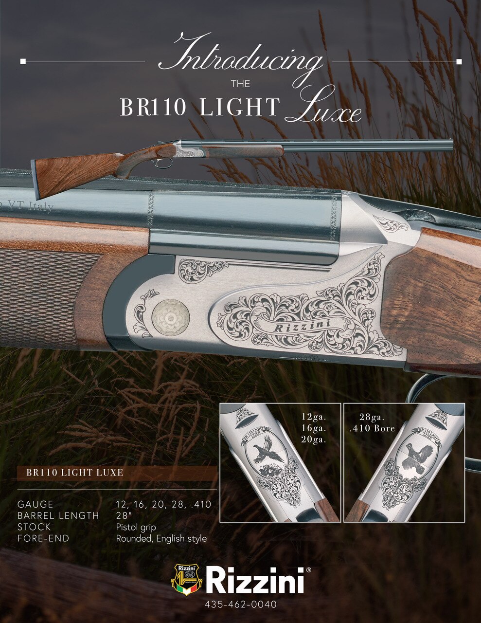 Image of Rizzini BR110 Light Luxe 12g O/U, 28" Barrel, Pistol Grip Stock, Rounded English Style Fore-end