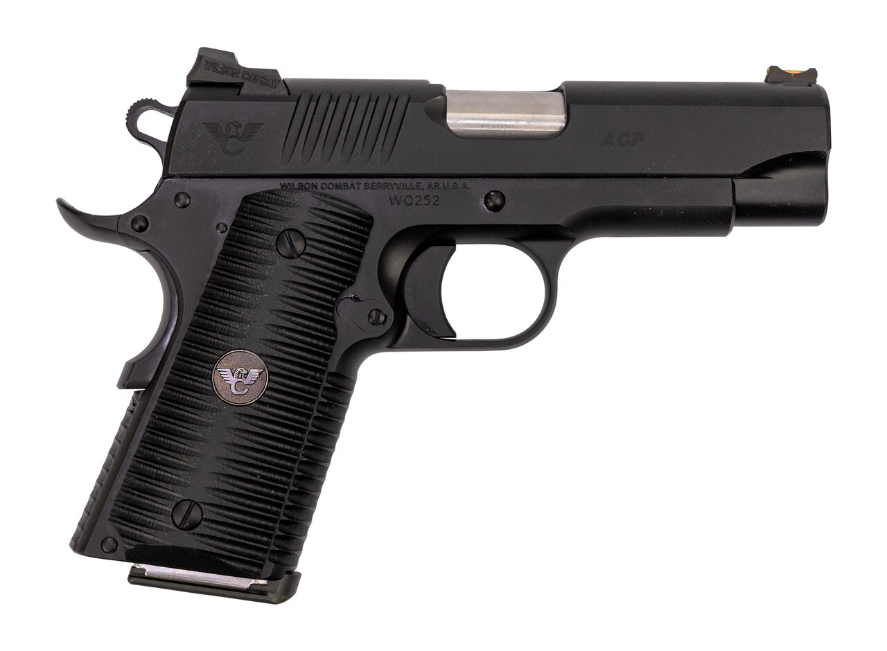 Image of Wilson Combat ACP Compact 1911 SAO Used Excellent 45 ACP, 4" Barrel, Black Armor-Tuff Carbon Steel, Black G10 Eagle Claw Grip, 2x7rd Mags, Factory Soft Case, Papers